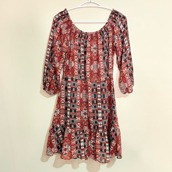 BB Dakota Red and Black Tribal Print Ruffled Trim Sundress w Smock Elastic Waist - Picture 8 of 16